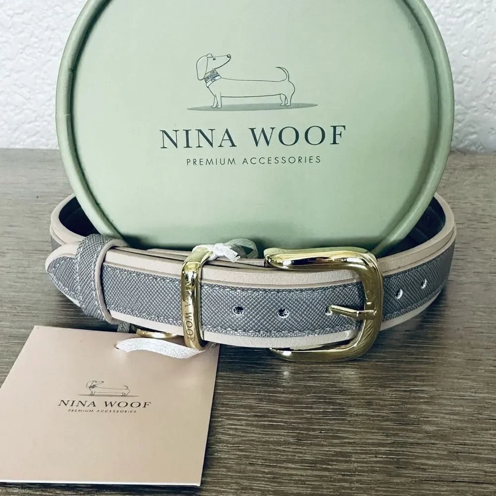 Nina Woof Premium Gray Gold Vegan Leather London Dog Collar
